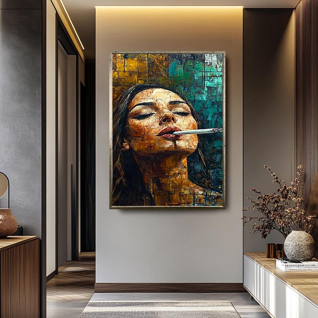 Abstract Woman Wall Art – Bold Feminine Canvas Print | Smoking Lady Modern Decor