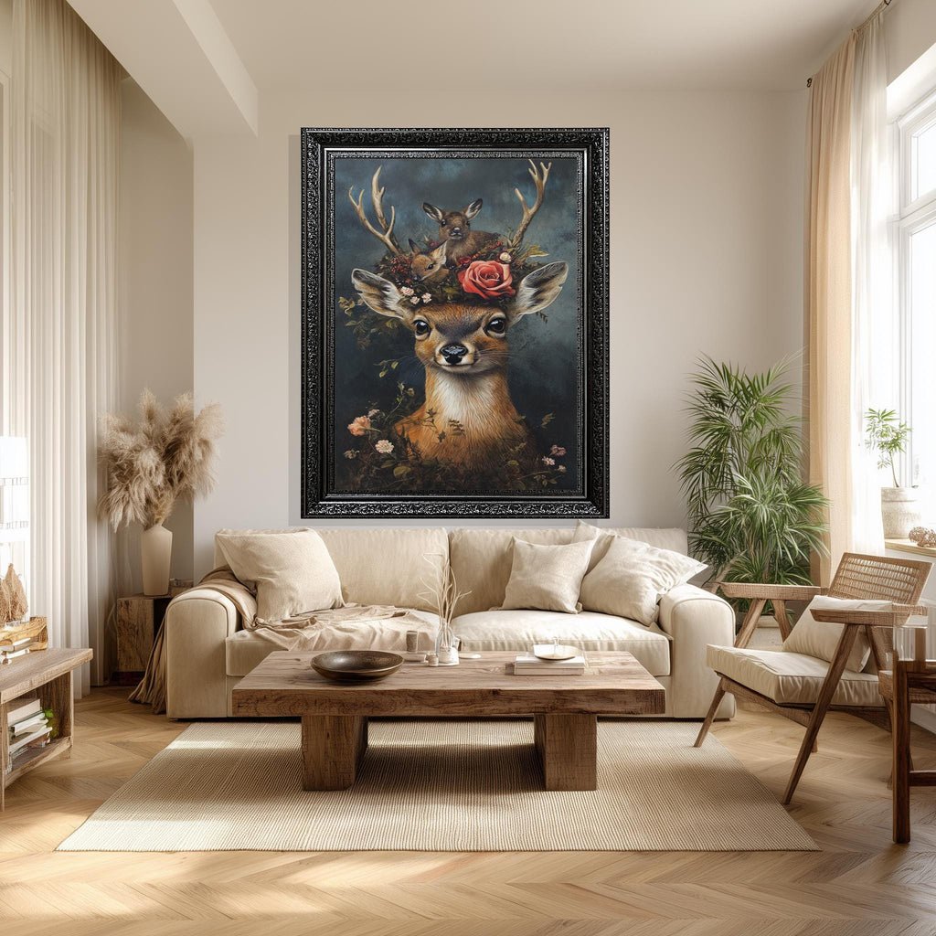 Woodland Deer Canvas Art – Rustic Animal Wall Decor with Baby Fawns & Flowers