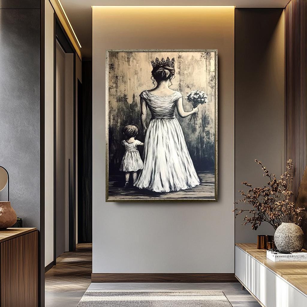 Mother and Child Wall Art - Black and White Canvas Print | Graffiti Wall Art Decor