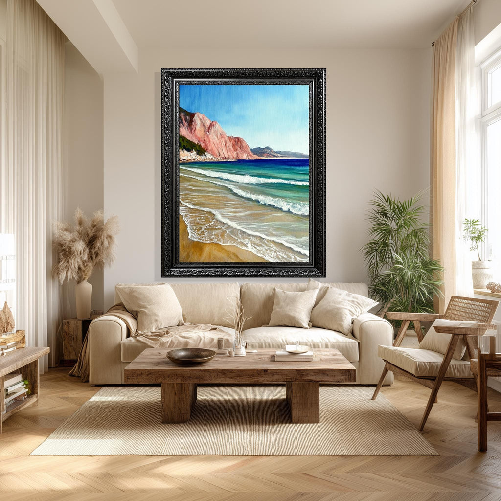 Beach Canvas Wall Art – Coastal Turquoise Sea Waves & Pink Cliffs Print