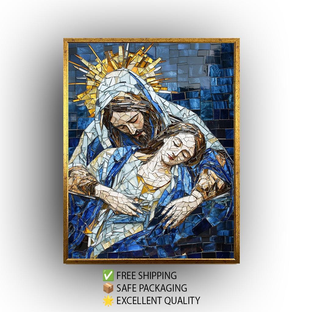 Byzantine Religious Canvas | Mosaic Style Pietà Print - Blue Gold Christian Wall Decor