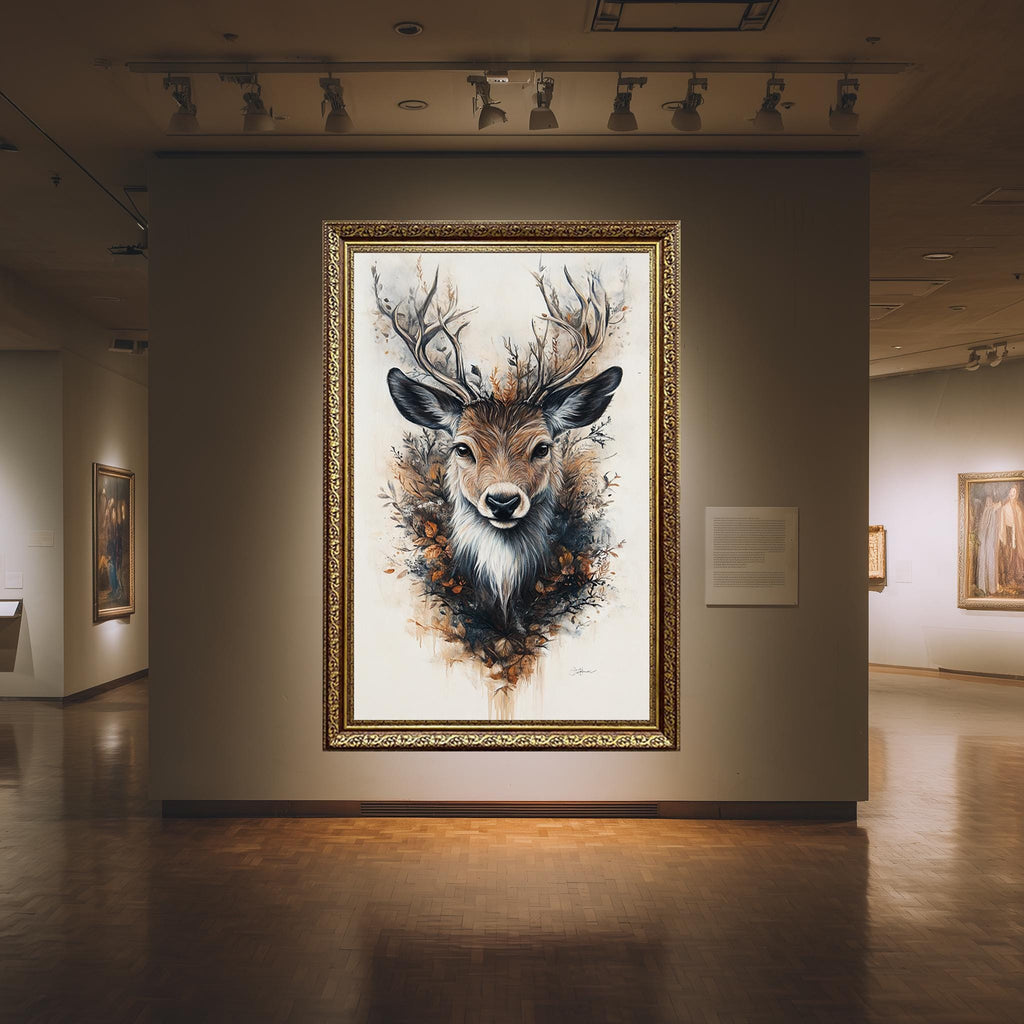 Autumn Deer Wall Art – Floral Antler Canvas | Rustic Woodland Botanical Print