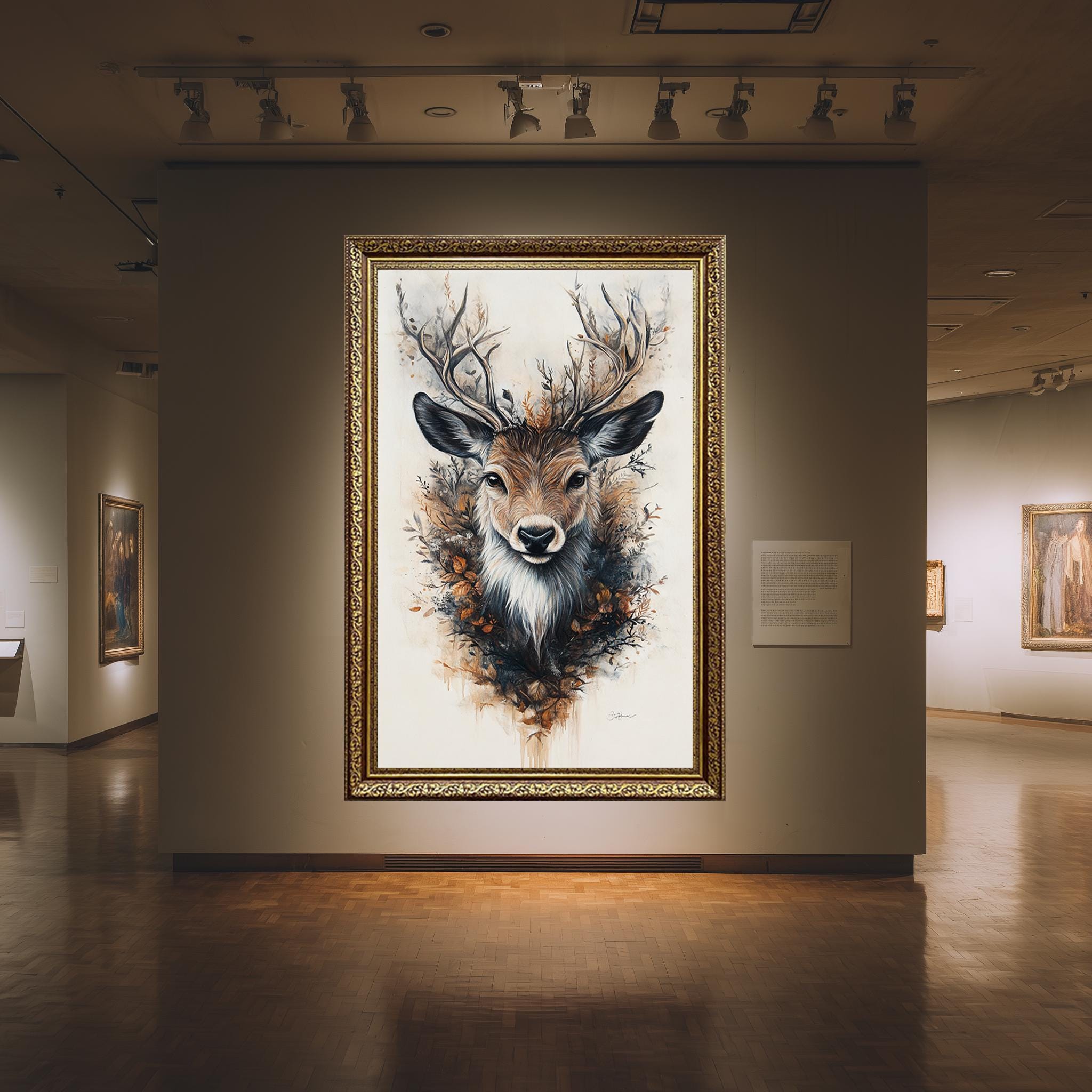 Autumn Deer Wall Art – Floral Antler Canvas | Rustic Woodland Botanical Print