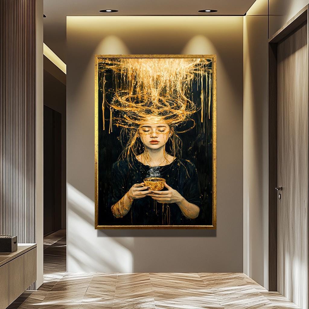 Abstract Woman Wall Art – Luxurious Black and Gold Canvas Female Portrait Print