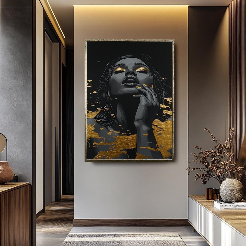 Women Wall Art | Black Gold Abstract Portrait Decor - Luxury Feminine Canvas