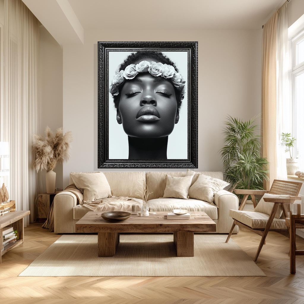 Black Woman Canvas Print – Monochrome Wall Art With Rose Crown Portrait