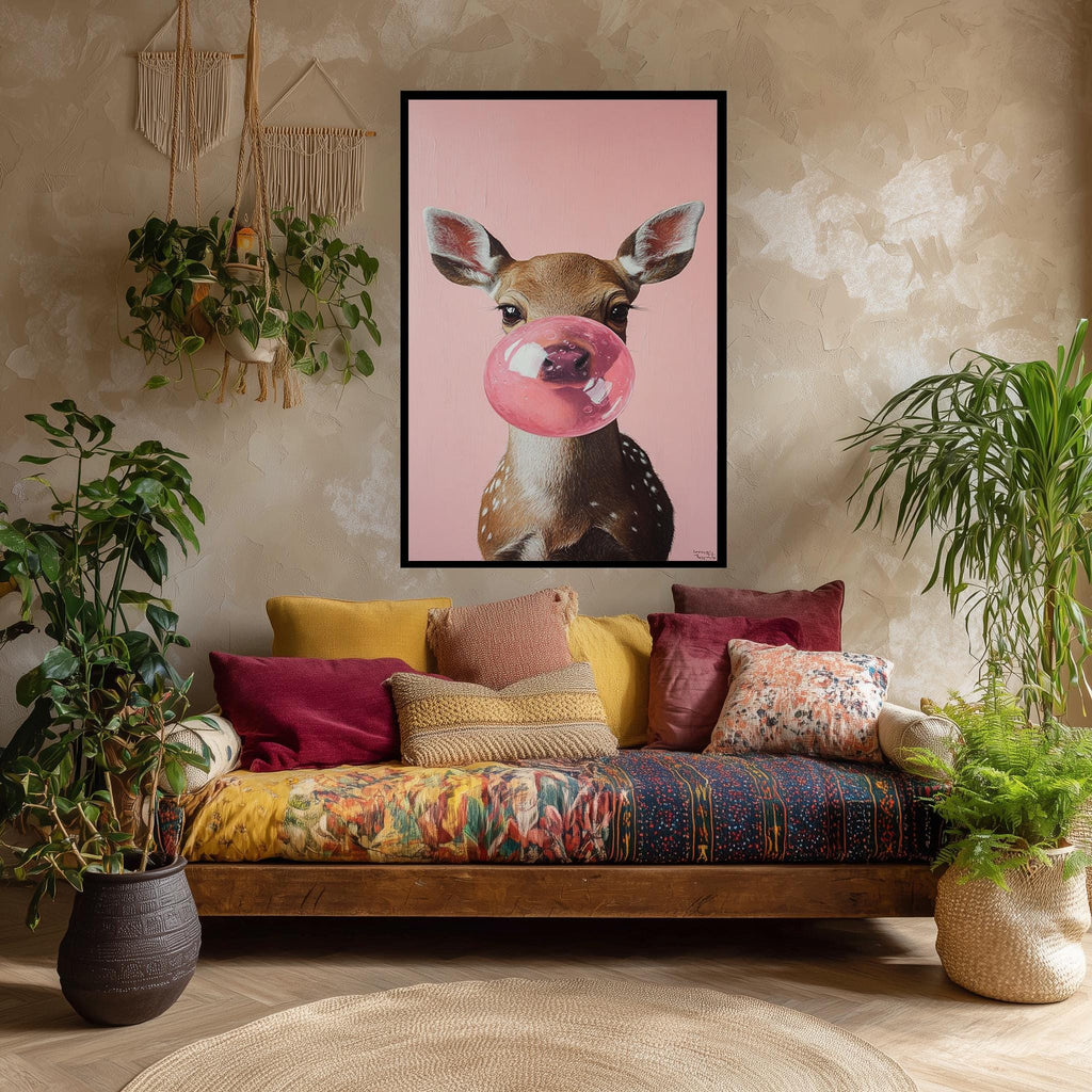 Deer Wall Art – Cute Bubble Gum Deer Print on Pink Nursery Canvas Decor