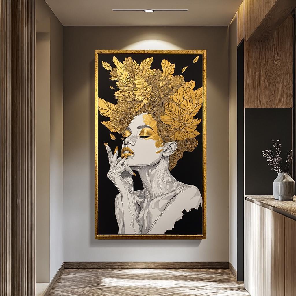 Women Wall Art - Gold Floral Canvas Abstract | Luxury Female Portrait Print