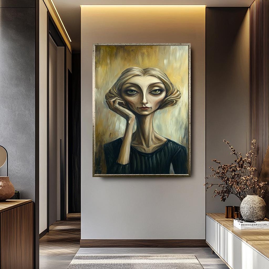 Abstract Woman Wall Art – Surreal Expressionist Painting | Quirky Female Portrait Print