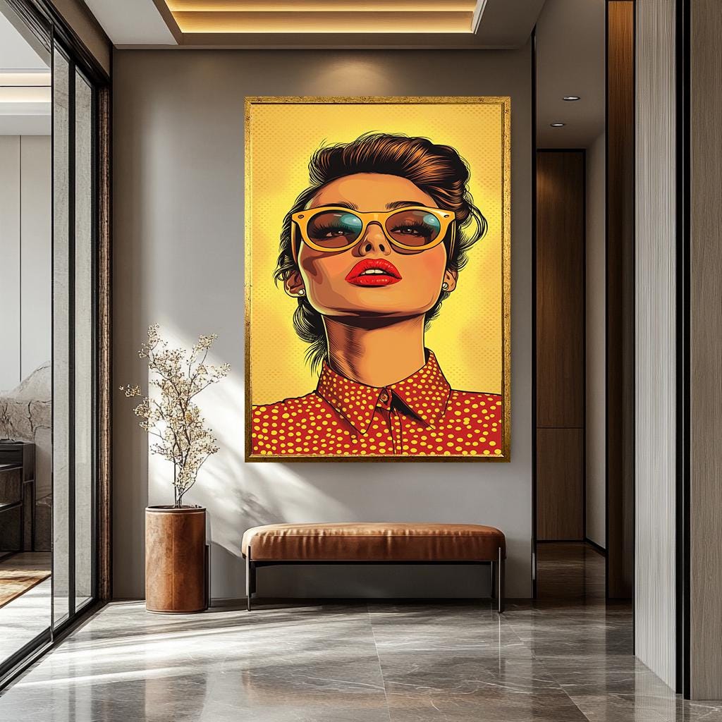 Pop Art Canvas Print – Bold Woman in Sunglasses | Retro Yellow Polka Dot Wall Art