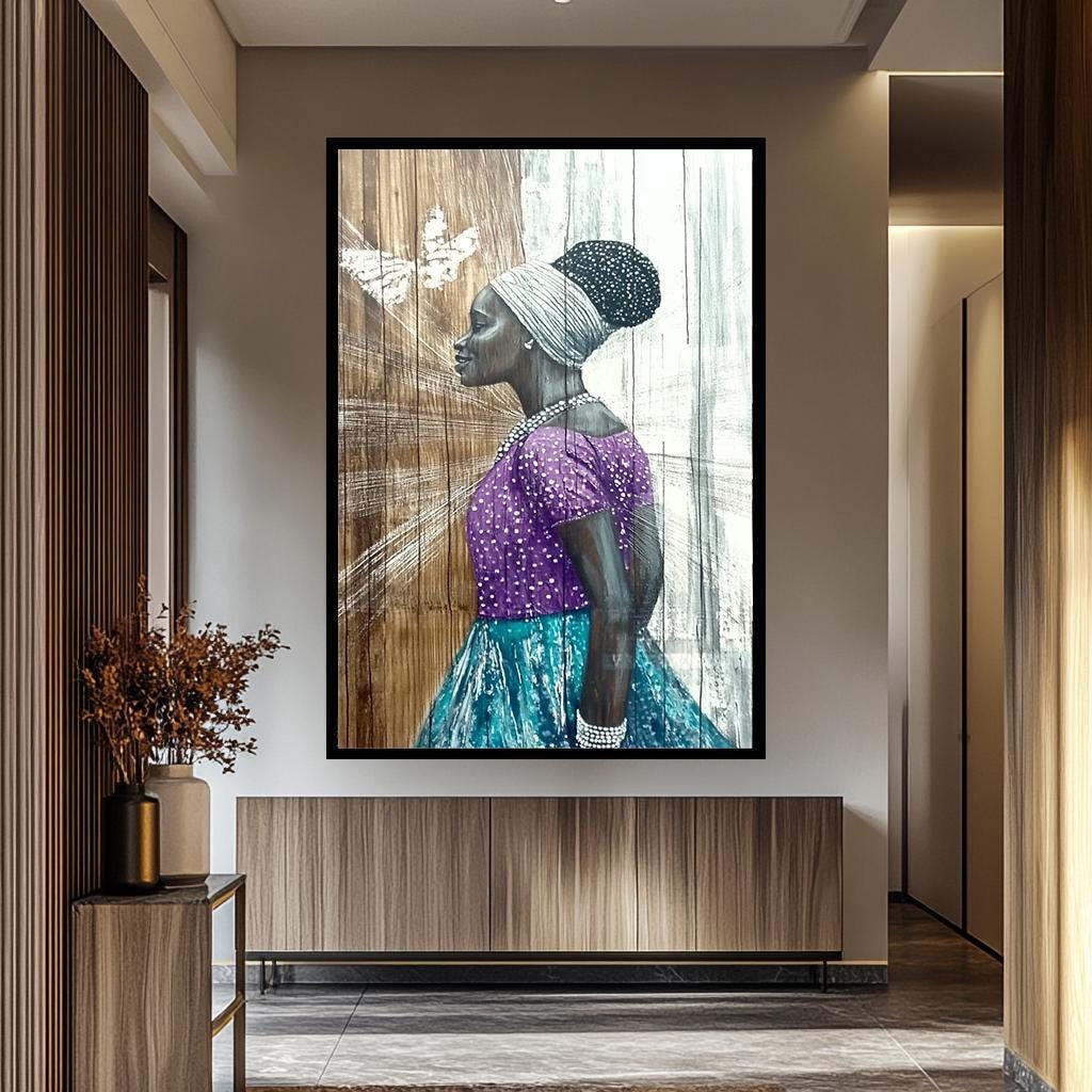 African Women Wall Art – Elegant Female Portrait Painting on Black Woman Canvas