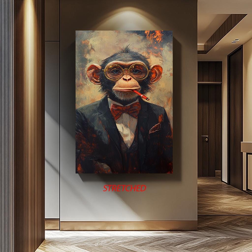 Monkey Wall Art – Vintage Animal Portrait Canvas Featuring Smoking Chimpanzee Print
