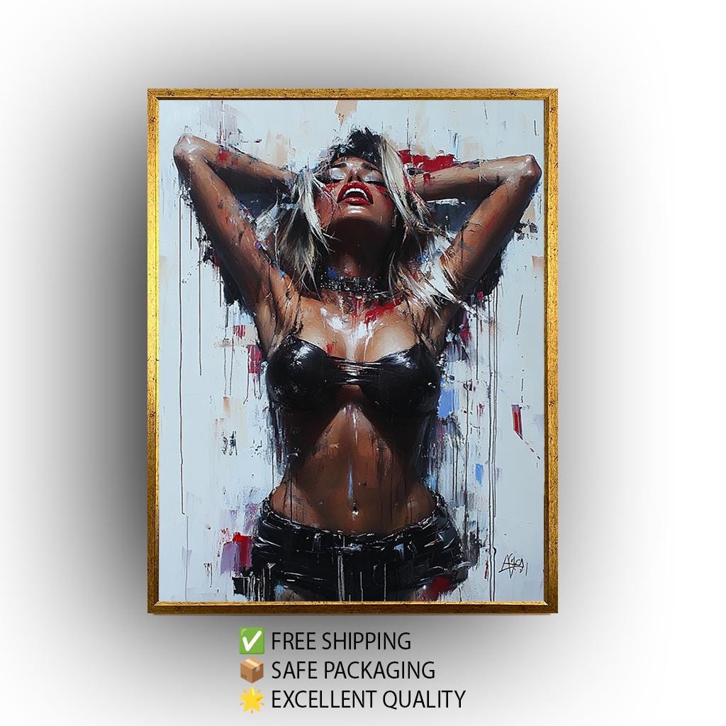 Sensual Woman Canvas Print – Bold Expressionist Style Erotic Wall Art, Leather Fashion