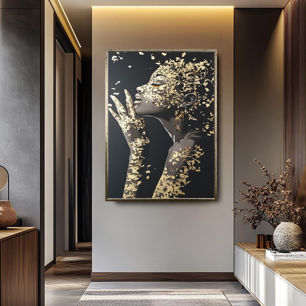 Luxury Woman Wall Art – Black Gold Female Portrait Print | Modern Wall Decor