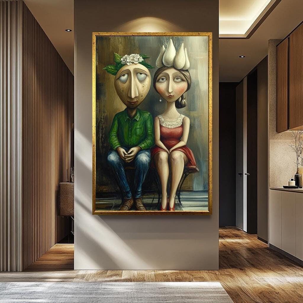 Quirky Couple Wall Art - Unique Romantic Canvas Print | Whimsical Surreal Painting