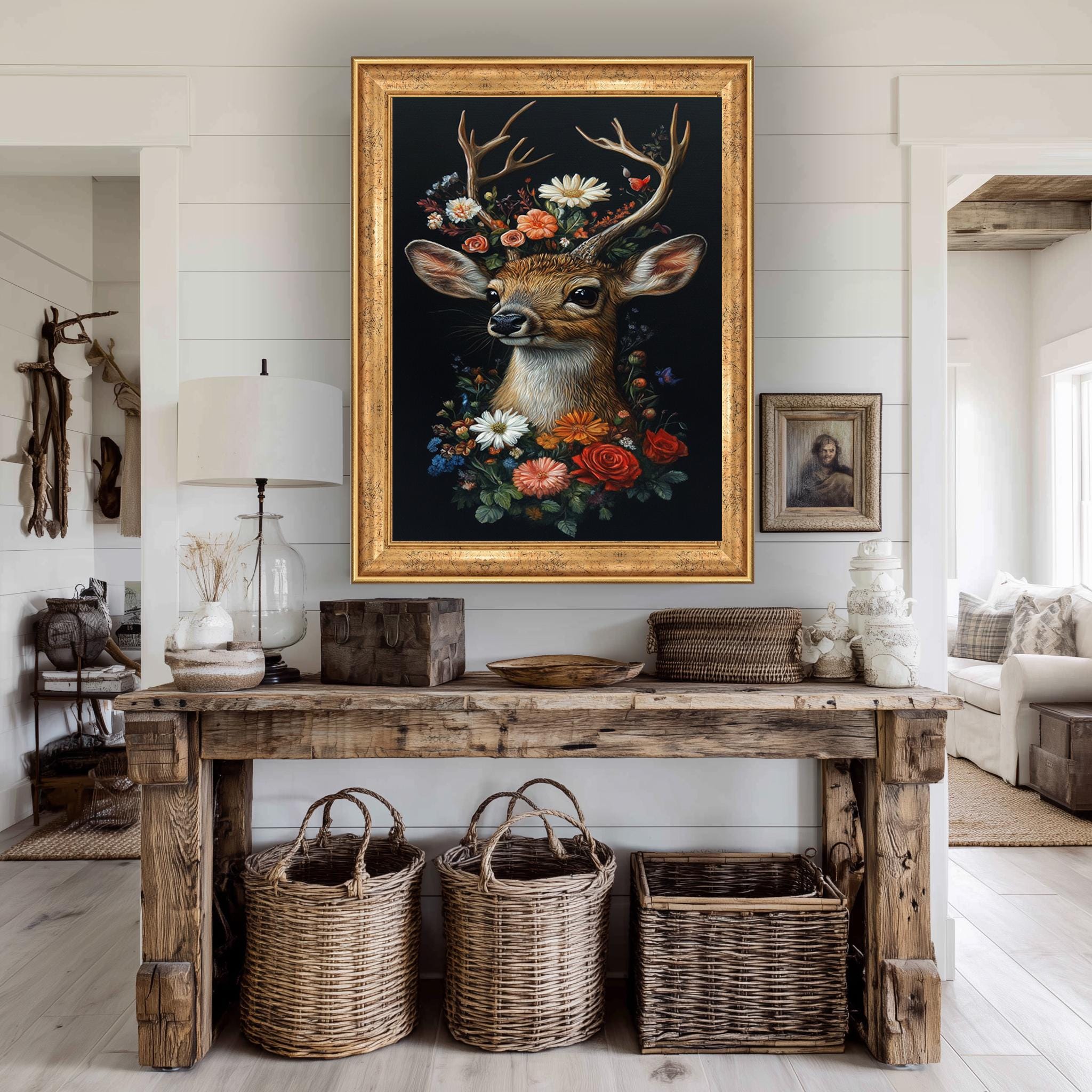 Deer Floral Wall Art – Colorful Wildflower Canvas with Rustic Woodland Animal Artwork