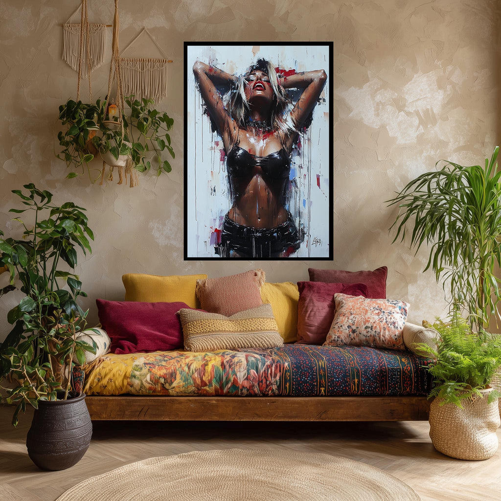 Sensual Woman Canvas Print – Bold Expressionist Style Erotic Wall Art, Leather Fashion