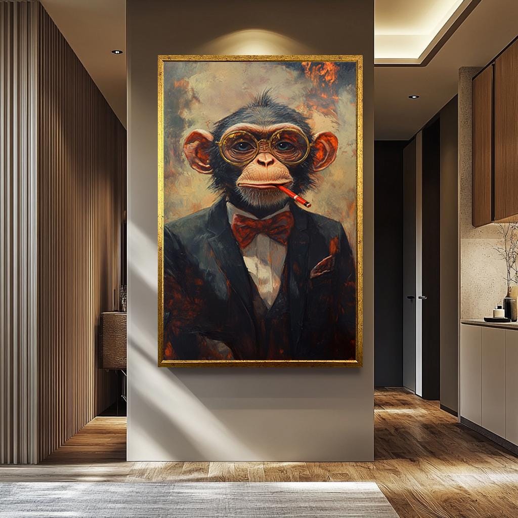 Monkey Wall Art – Vintage Animal Portrait Canvas Featuring Smoking Chimpanzee Print