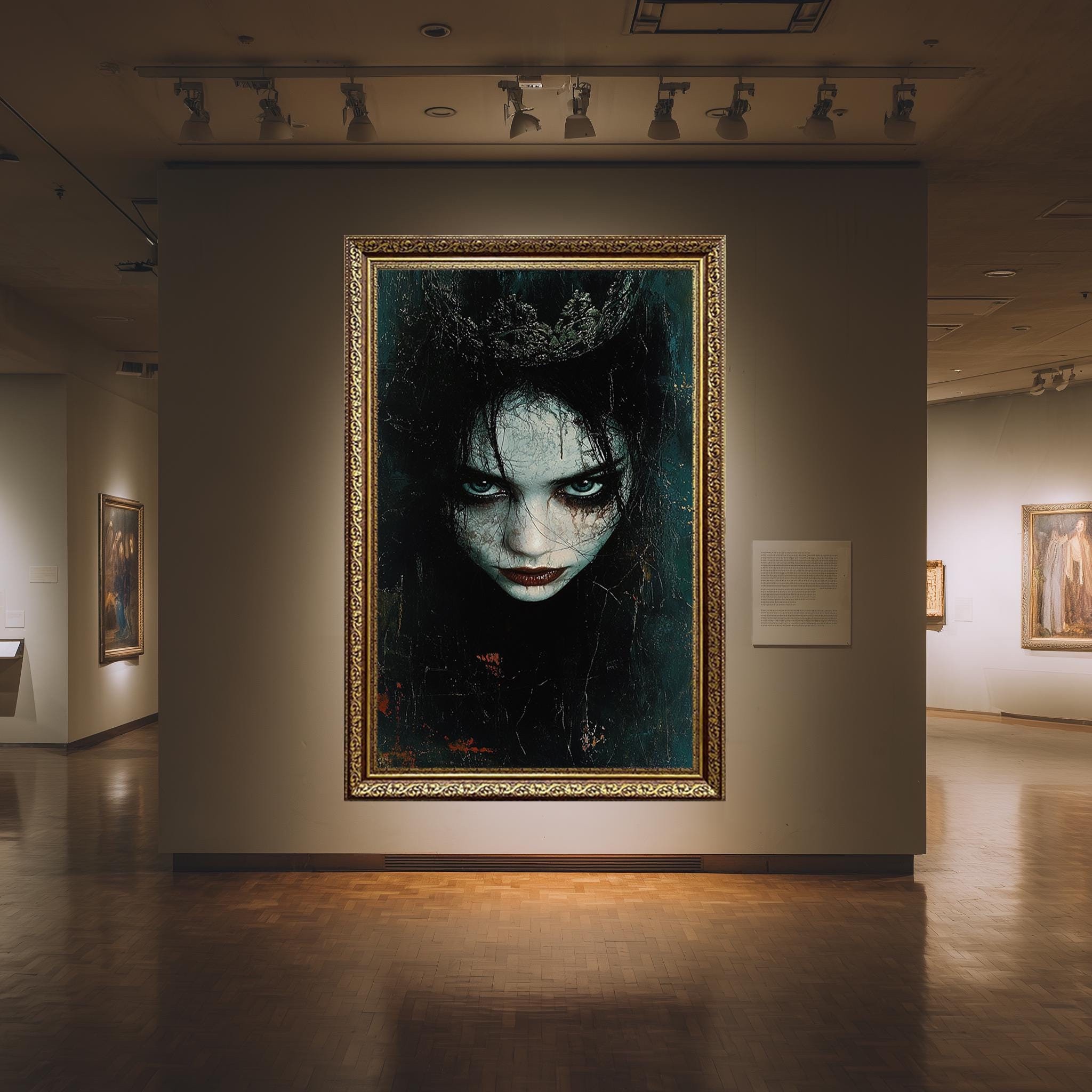 Gothic Woman Canvas Print – Dark Fantasy Portrait with Blue Eyes & Crowned Skin