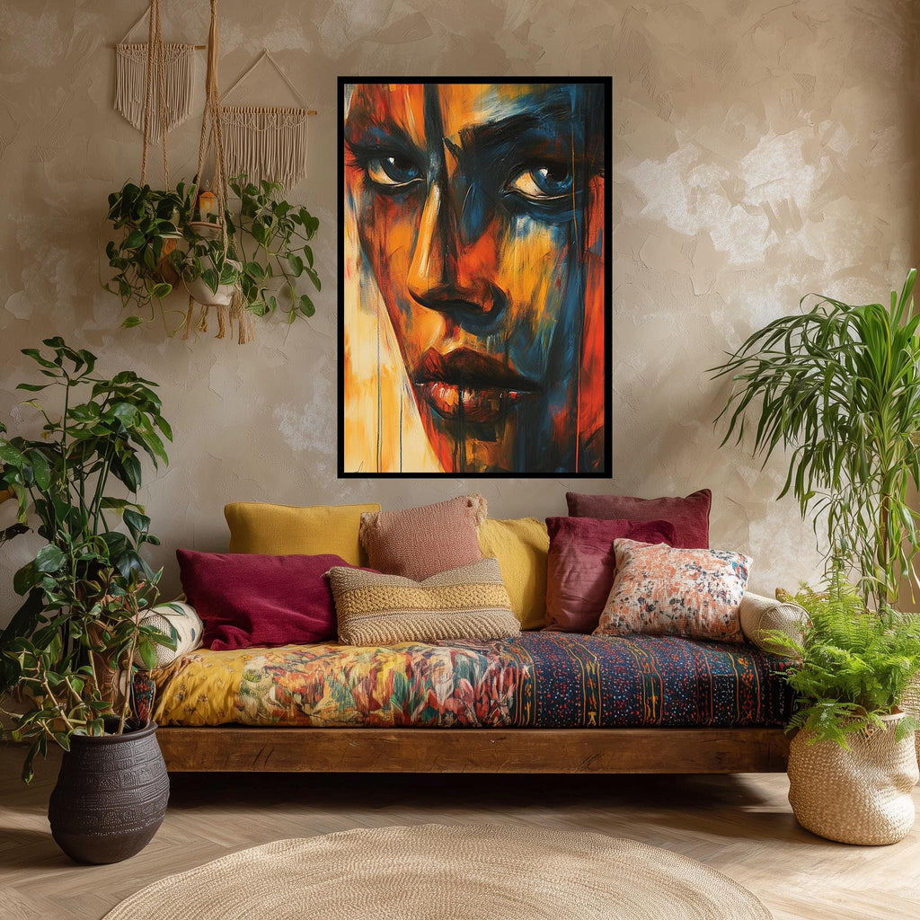 Abstract Face Canvas – Bold Expressive Art with Vibrant Red Blue Orange Tones
