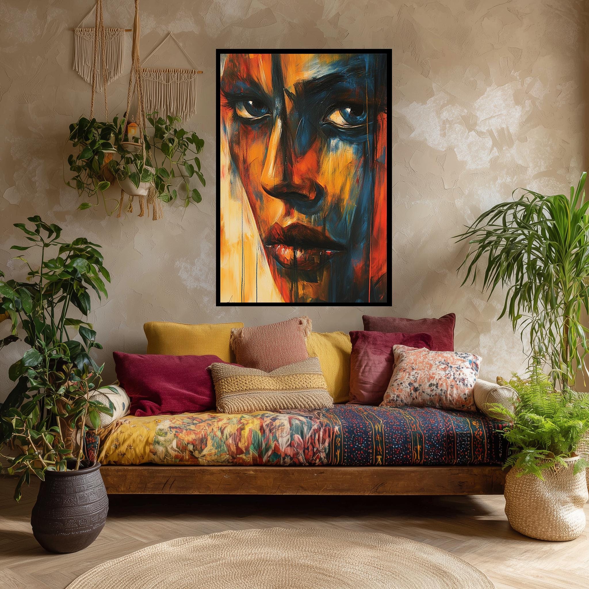 Abstract Face Canvas – Bold Expressive Art with Vibrant Red Blue Orange Tones