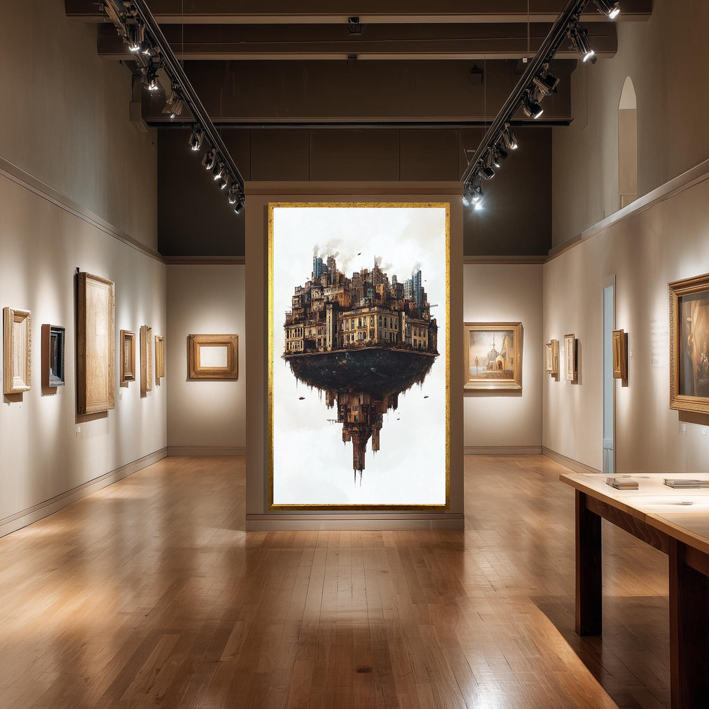 Floating City Canvas – Surreal Urban Fantasy Print with Inverted Buildings Art