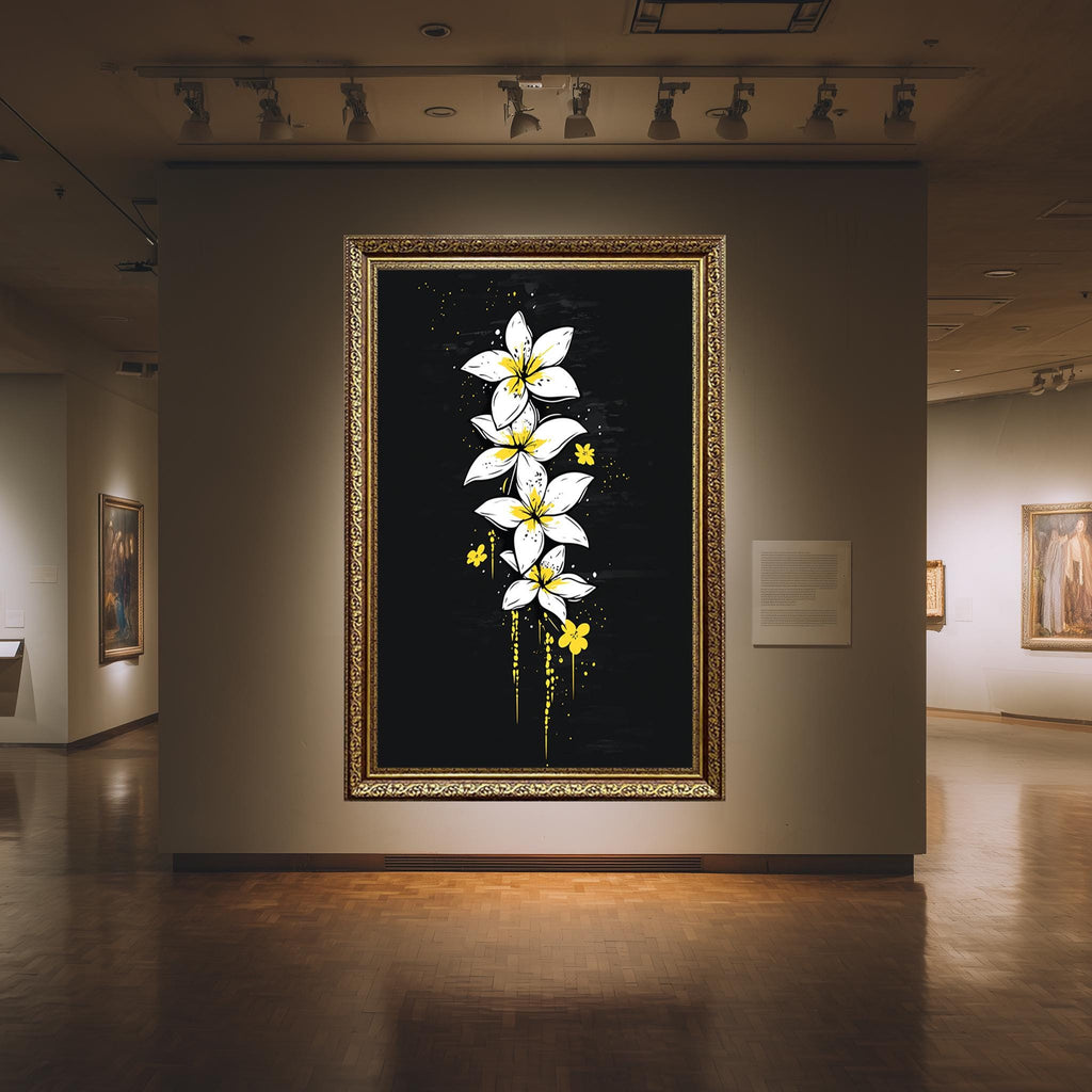 White Plumeria Canvas – Tropical Floral Wall Art With Yellow Accents & Black Background