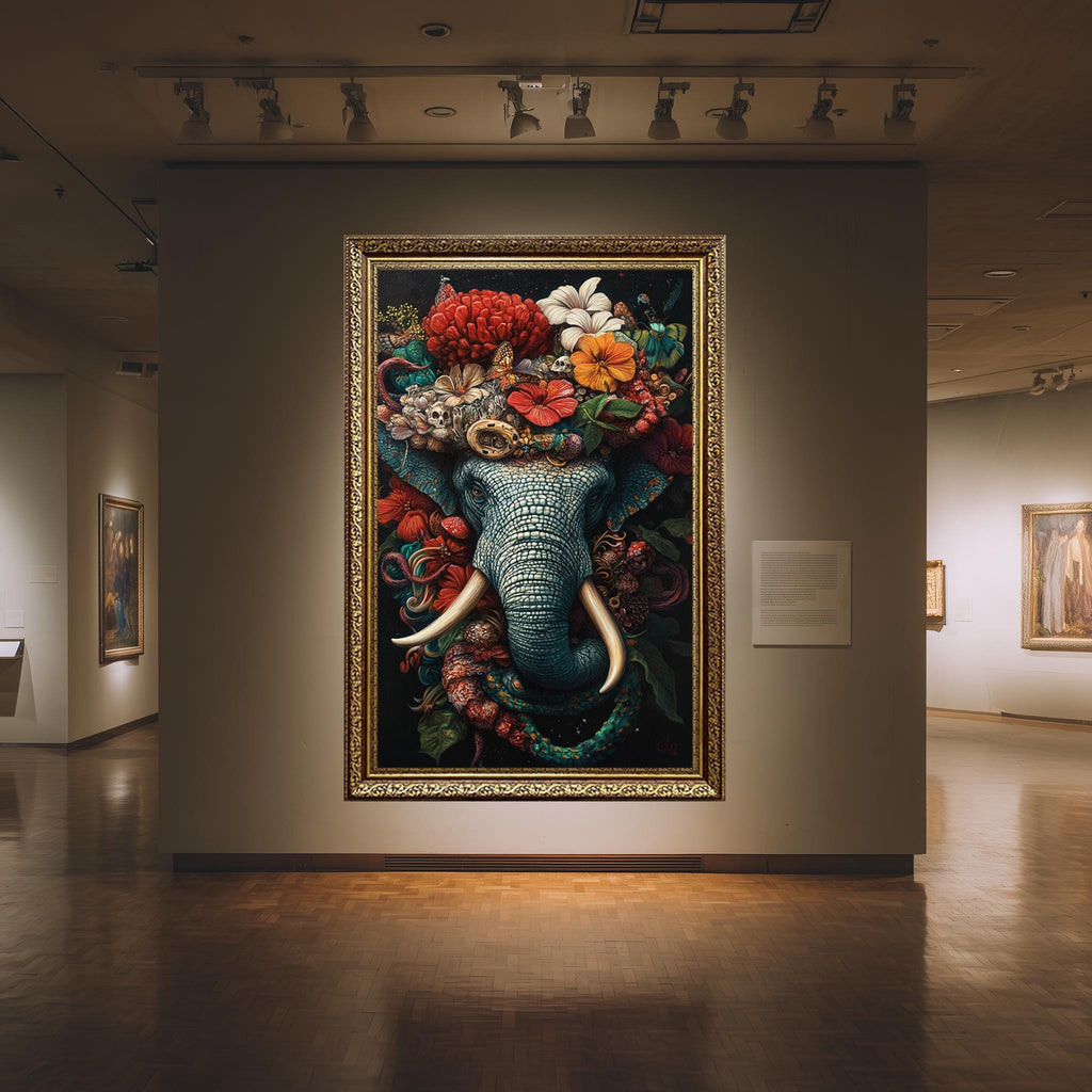 Elephant Floral Canvas Print – Vibrant Botanical Tropical Wall Art with Floral Crown Artwork