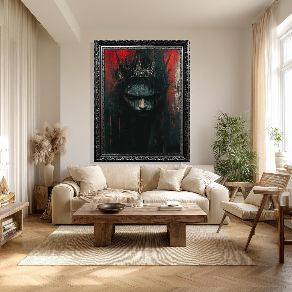 Dark Gothic Queen Canvas | Moody Gothic Wall Art With Fantasy Crown And Abstract Red Black