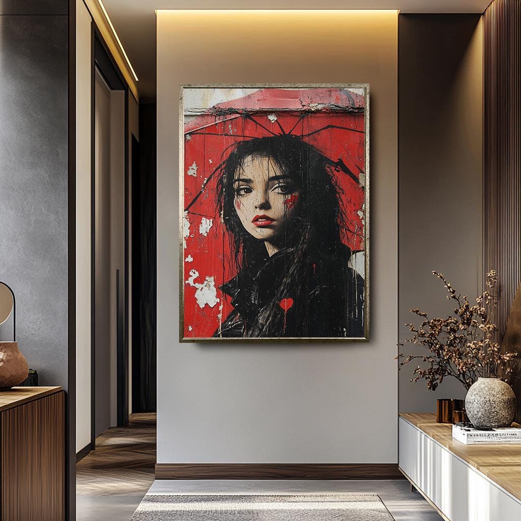 Urban Woman Wall Art - Graffiti Wall Art Portrait Canvas Print with Red Umbrella