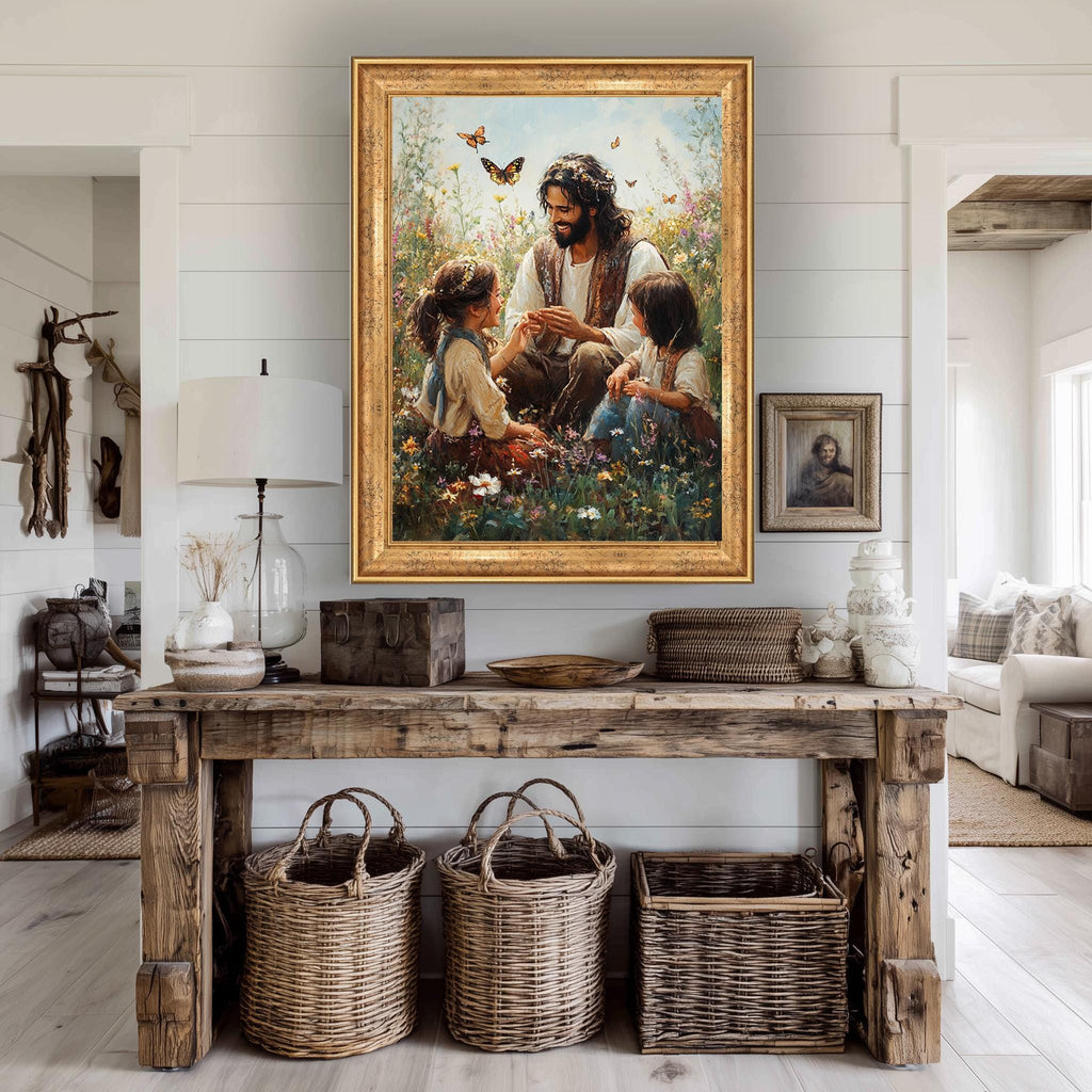 Jesus with Children Canvas - Joyful Christian Wall Art | Flower Field Print