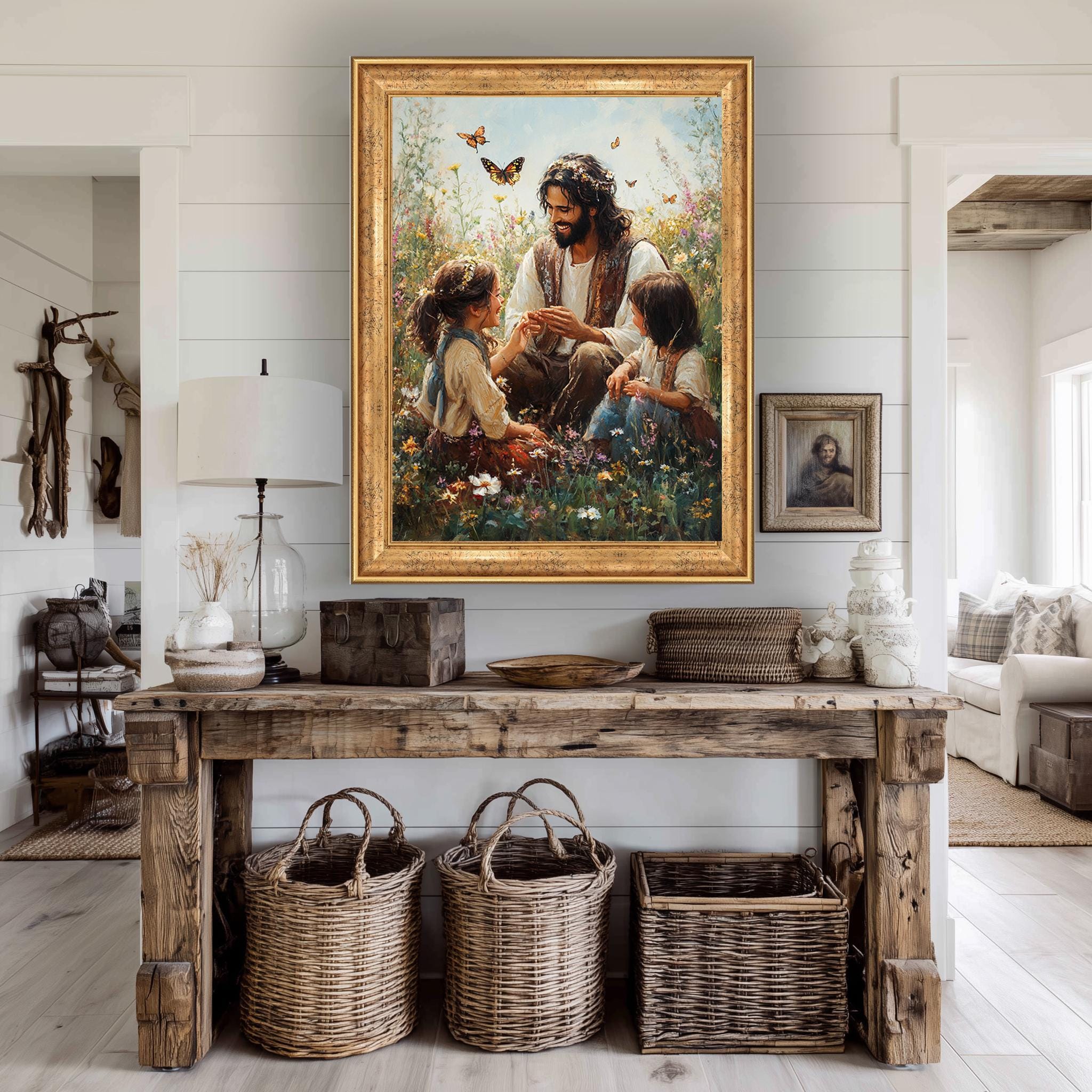 Jesus with Children Canvas - Joyful Christian Wall Art | Flower Field Print