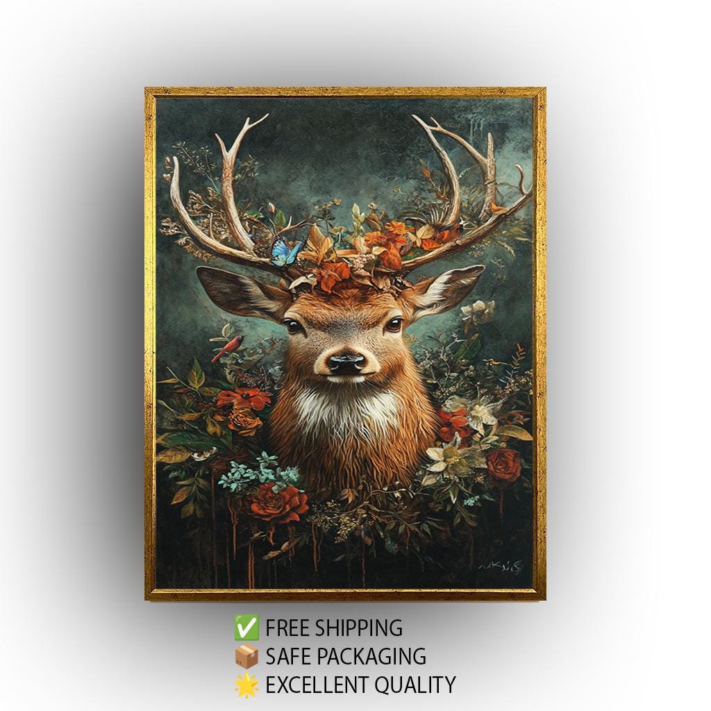Majestic Deer Canvas Art – Rustic Floral Antlers with Butterflies | Woodland Wall Decor