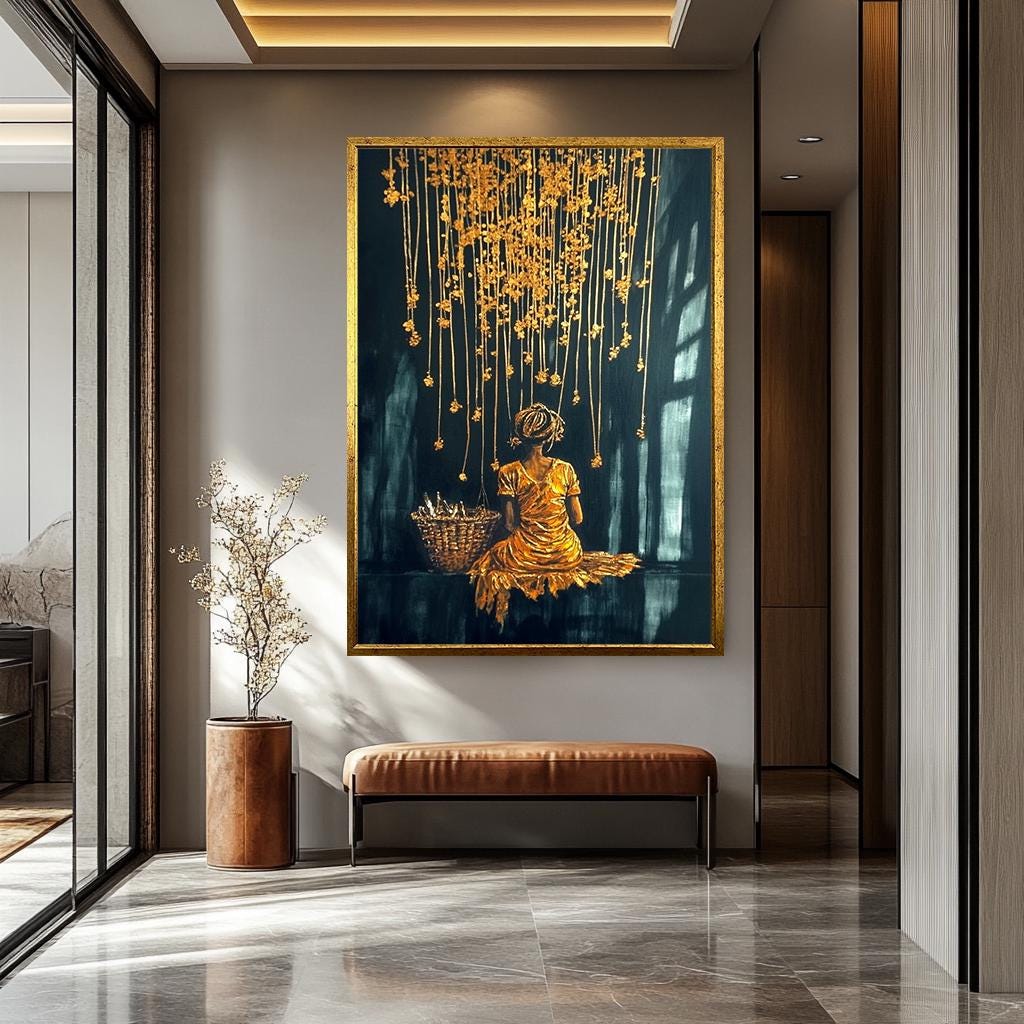 Women Wall Art - Golden Glow Abstract Canvas Painting | Black Gold Woman Portrait Print