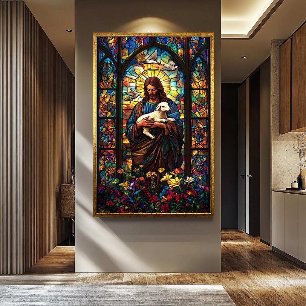 Jesus Christ Canvas Print – Good Shepherd Painting | Vibrant Stained Glass Artwork