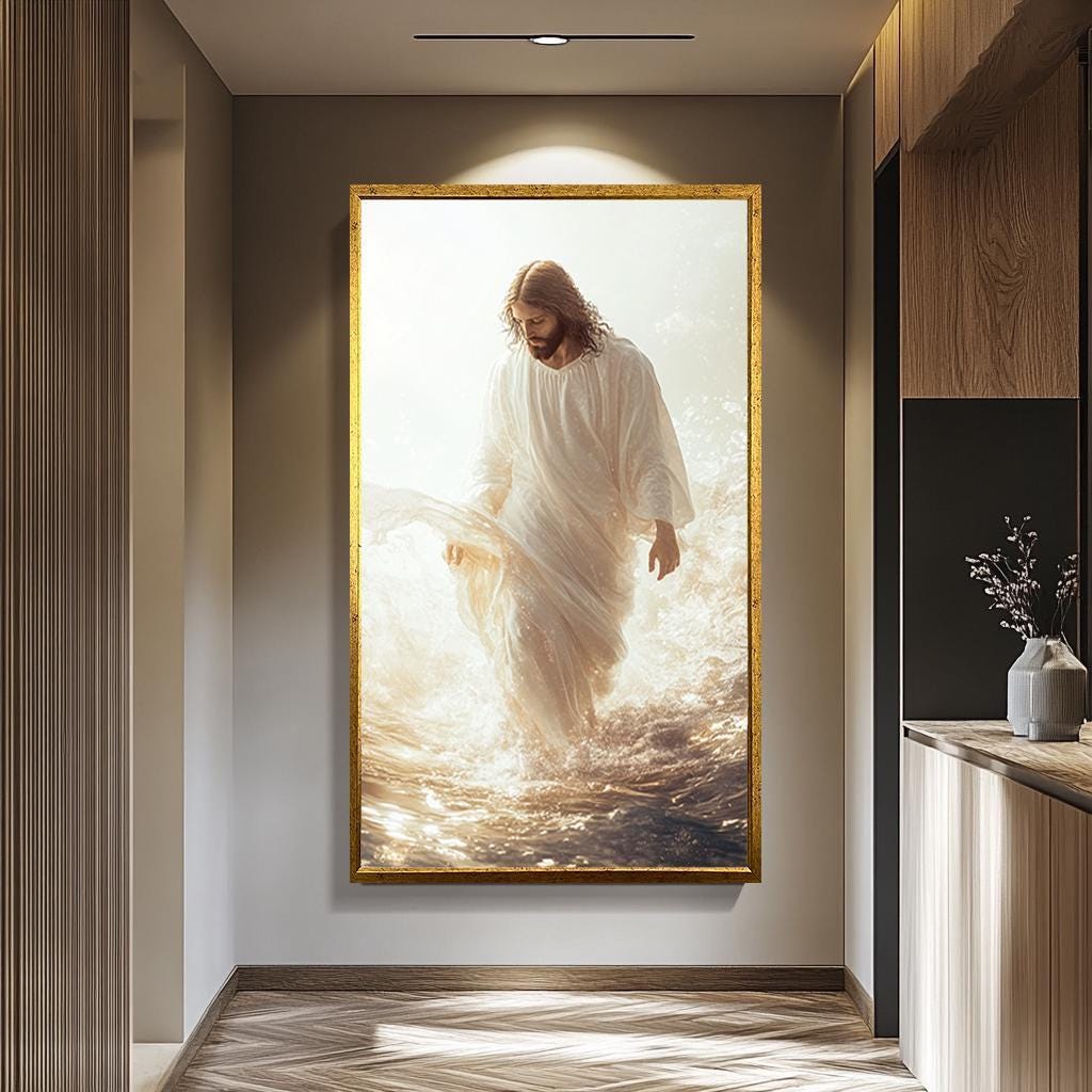 Jesus Walking On Water - White And Gold Canvas | Inspirational Christian Wall Art