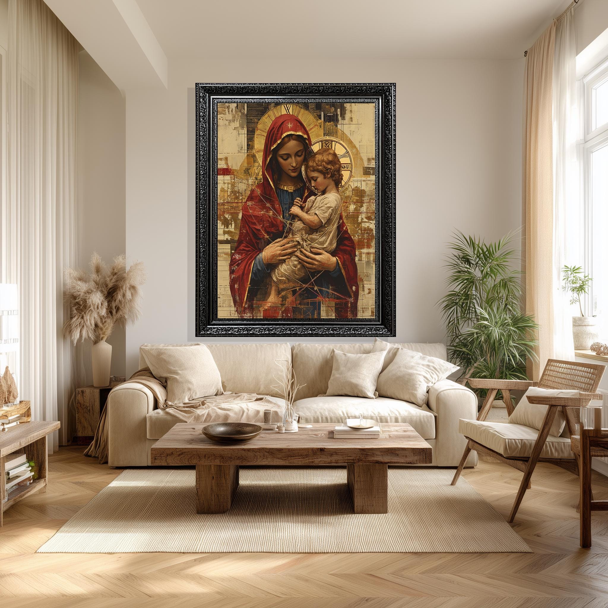 Virgin Mary Jesus Canvas - Sacred Mother Child Print | Gold Halo Artwork