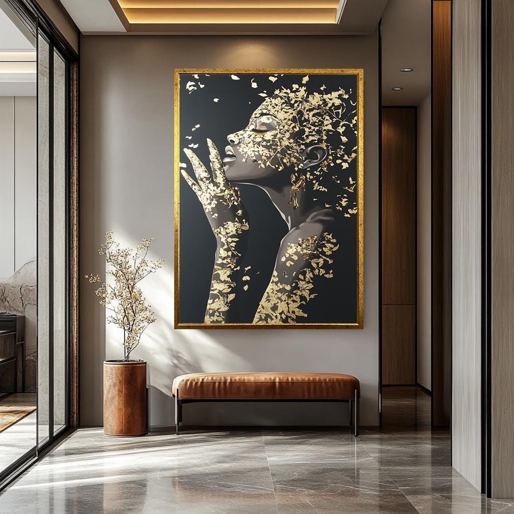Luxury Woman Wall Art – Black Gold Female Portrait Print | Modern Wall Decor