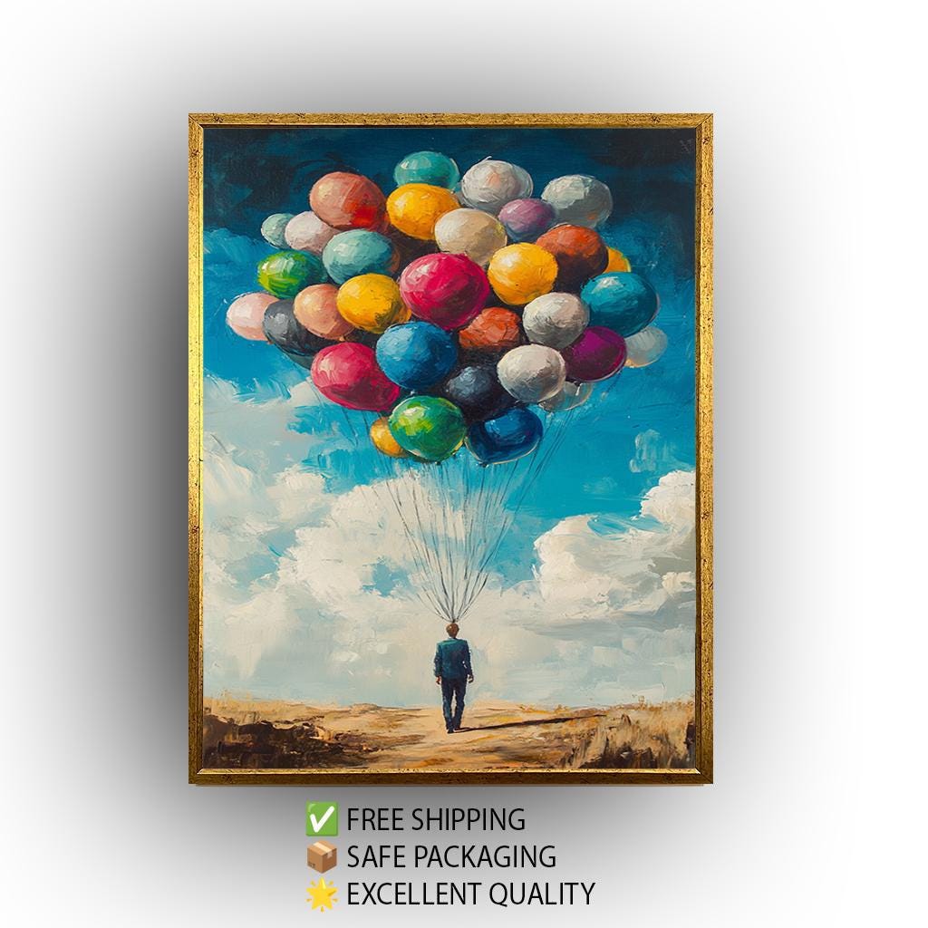 Surreal Canvas Wall Art – Modern Abstract Balloon Painting | Colorful Sky Decor