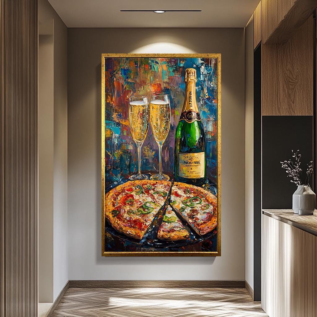 Champagne Pizza Canvas - Colorful Kitchen Wall Art | Bold Impressionist Print