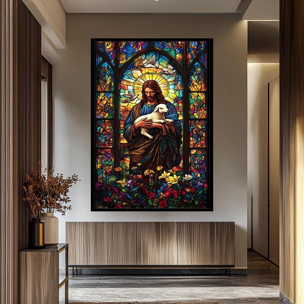 Jesus Christ Canvas Print – Good Shepherd Painting | Vibrant Stained Glass Artwork