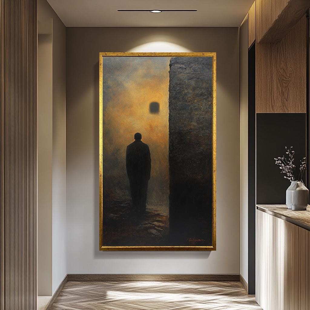 Mystery Shadow Man Canvas - Dark Surreal Print | Gothic Wall Art & Abstract Light Portal