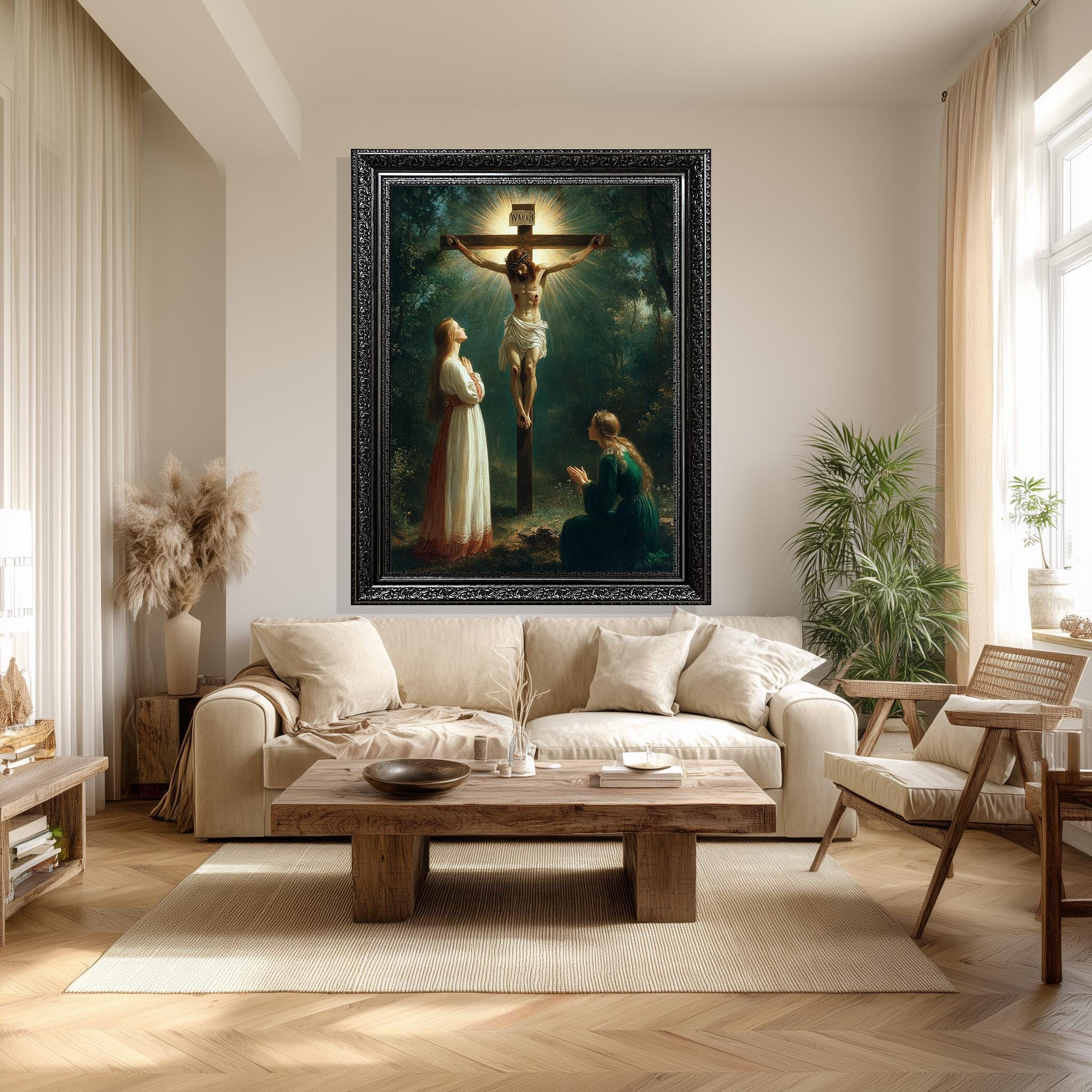 Jesus on the Cross Canvas | Christian Wall Art - Crucifixion Scene Print with Divine Light