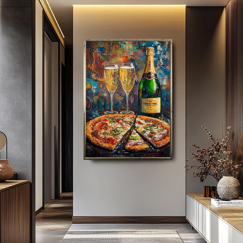 Champagne Pizza Canvas - Colorful Kitchen Wall Art | Bold Impressionist Print