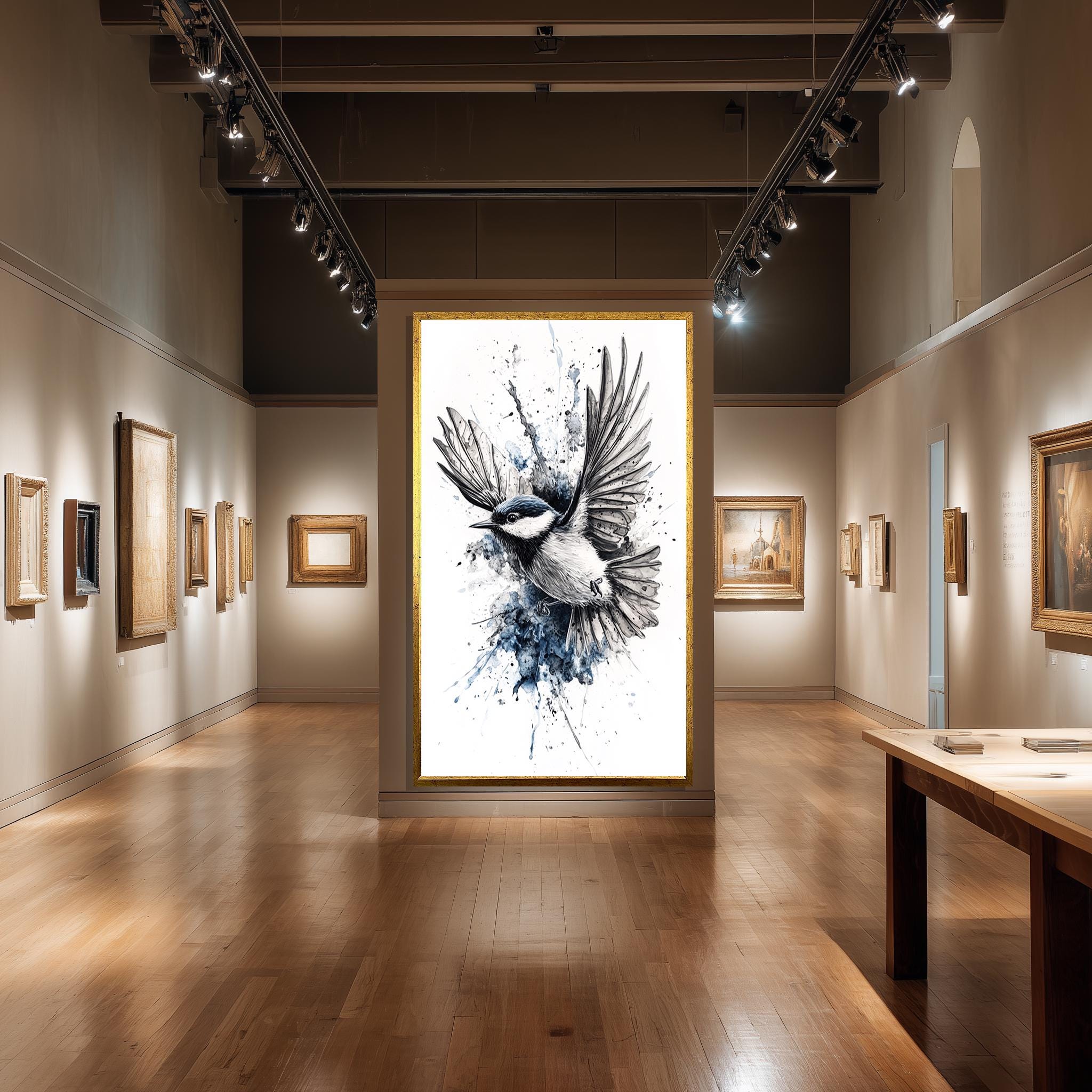 Bird Canvas Wall Art – Modern Watercolor Bird Print in Blue Black White Tones