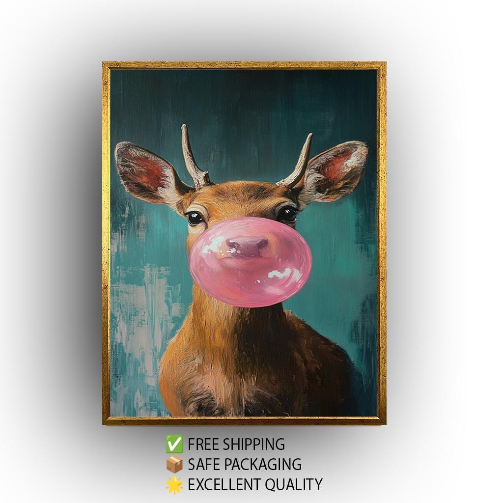 Funny Deer Wall Art – Bubblegum Animal Print on Teal Canvas for Kids Room Decor