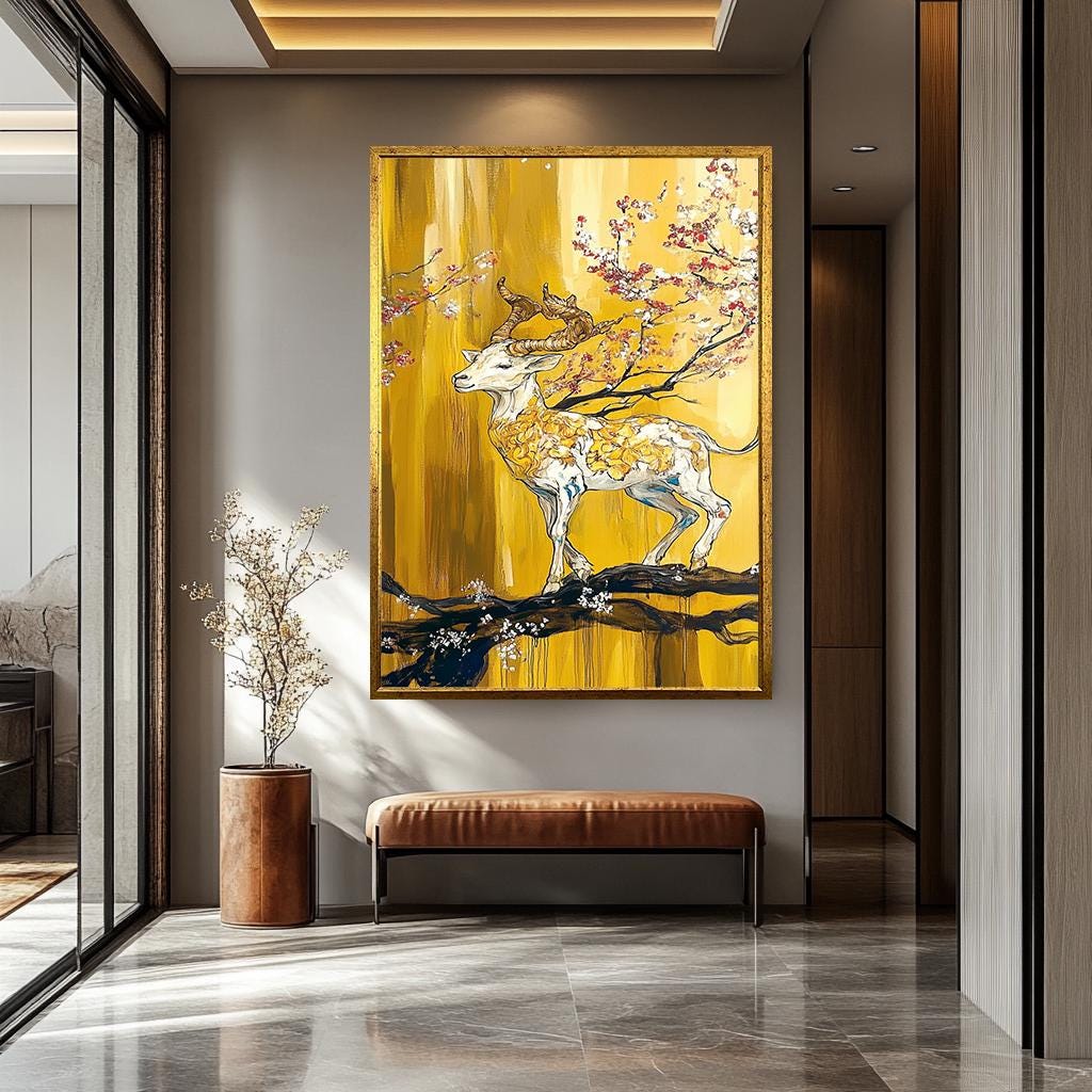 Golden Deer Wall Art - Abstract Hand-Painted Canvas with Cherry Blossom Decor