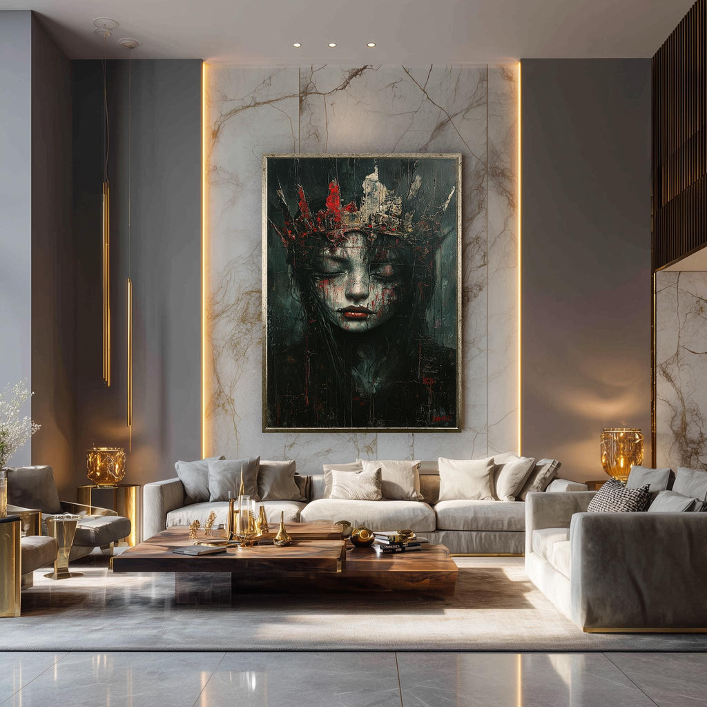 Gothic Queen Canvas Print – Dark Fantasy Art With Broken Crown & Textured Face