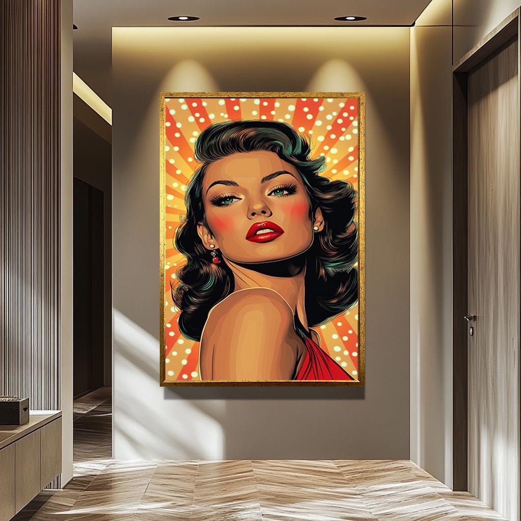 Pop Art Canvas Print – Glamorous Woman Retro Wall Art With Bold Makeup & Red Lips