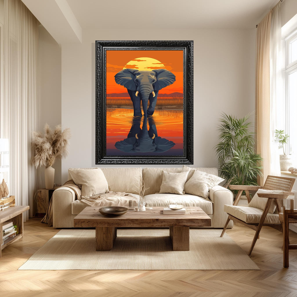 Elephant Canvas Wall Art – Majestic African Wildlife Sunset Reflection Print